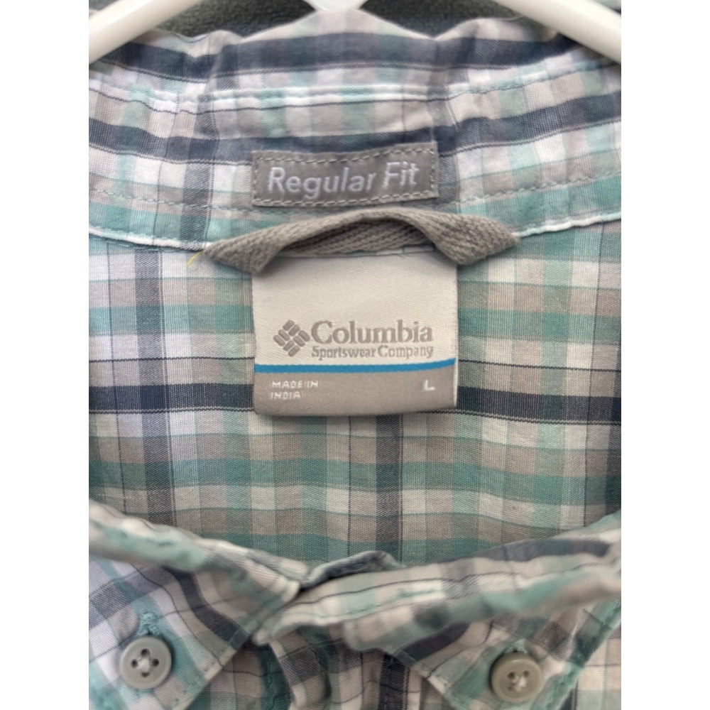Columbia Shirt Blue/Gray/White Plaid Short Sleeve Button Up Regular Fit Mens L - Picture 4 of 7